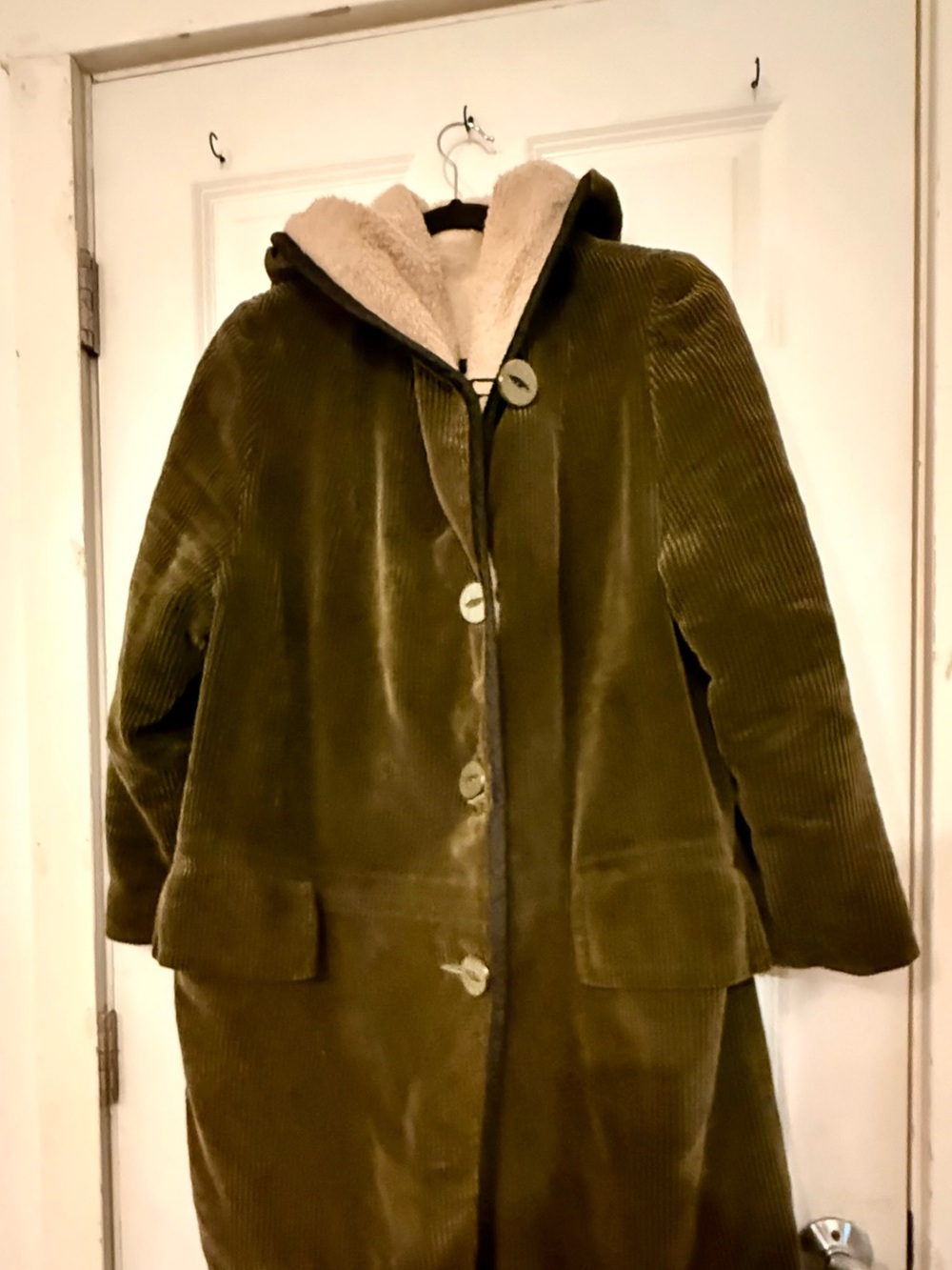 Vintage Union Made ILGWU Olive Green Corduroy Hooded Coat with Sherpa Lining